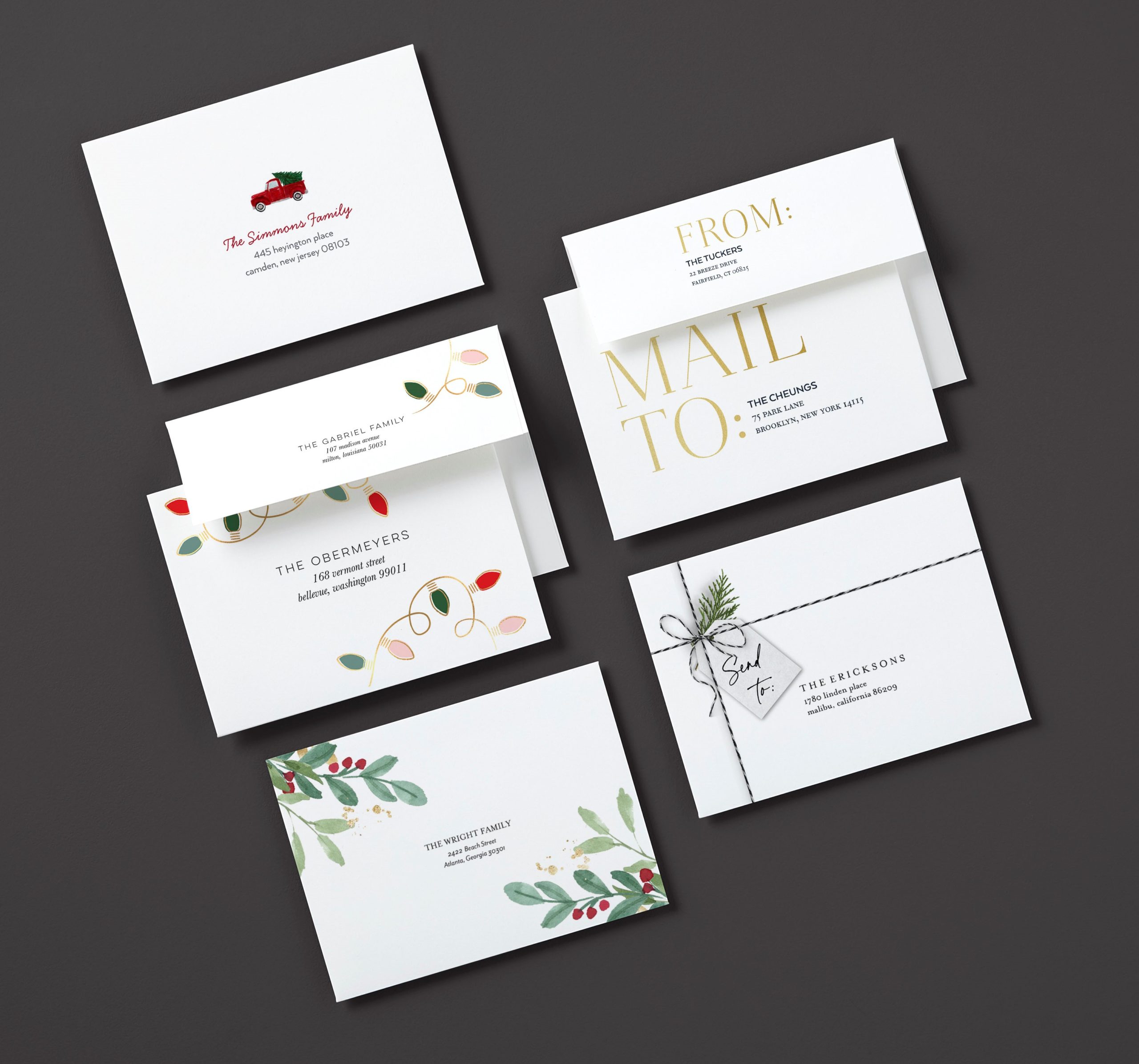 Holiday cards with personalized envelopes for company holiday or christmas cards