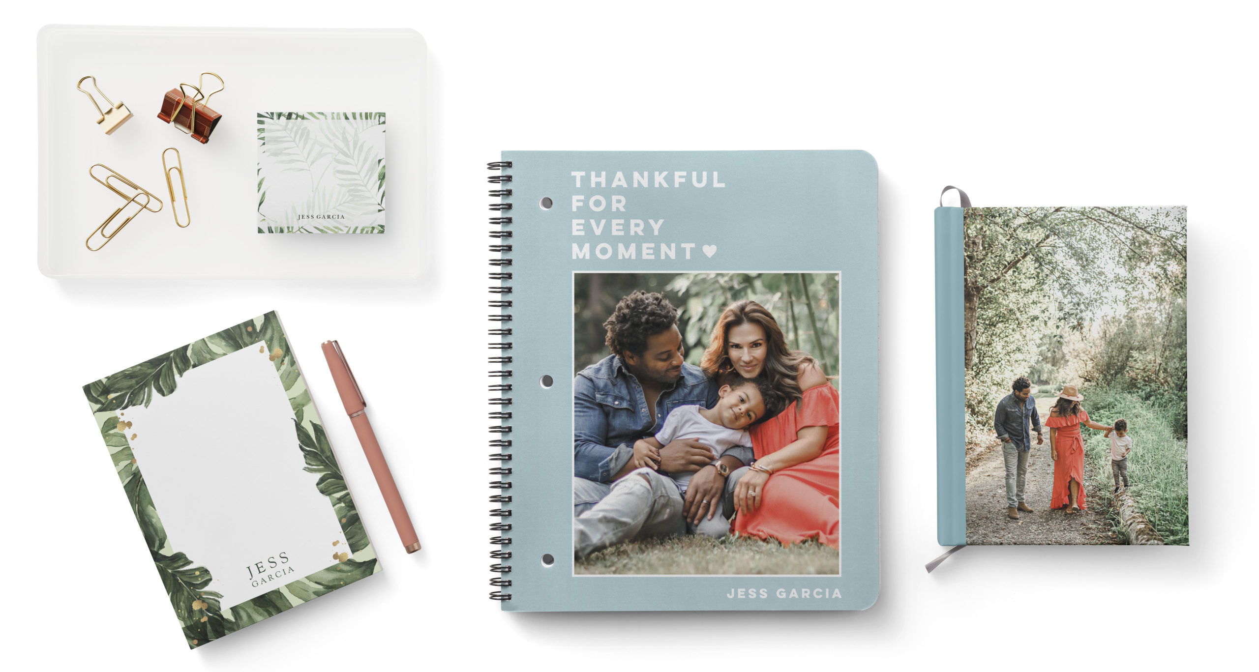 Thankful for every moment personalized notebook, notepad with green border, and journal