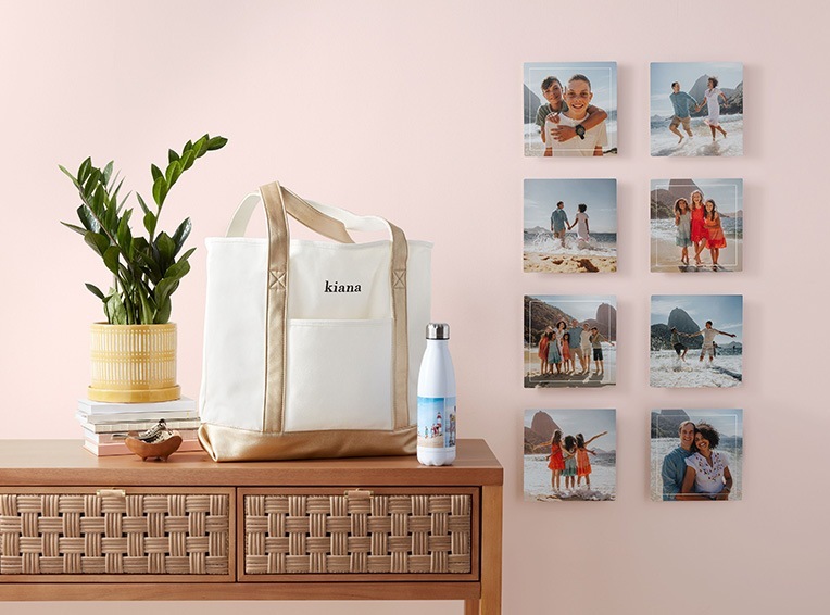 tote bag, water bottle, and photo tiles