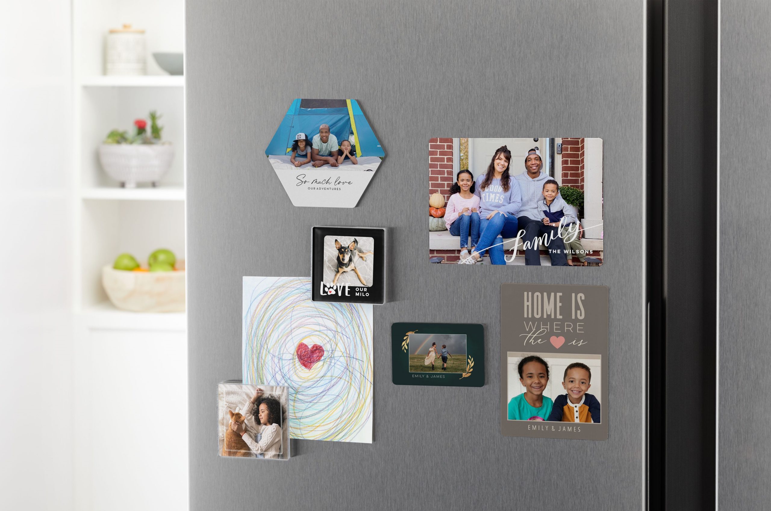 Custom photo magnets on a refrigerator
