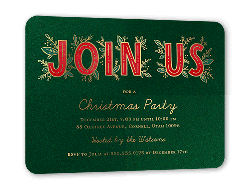 A green and red metallic Christmas party invitation.