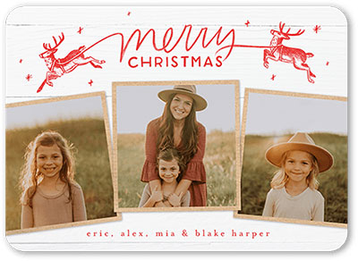 A Merry Christmas photo card with festive illustrations of reindeer in red